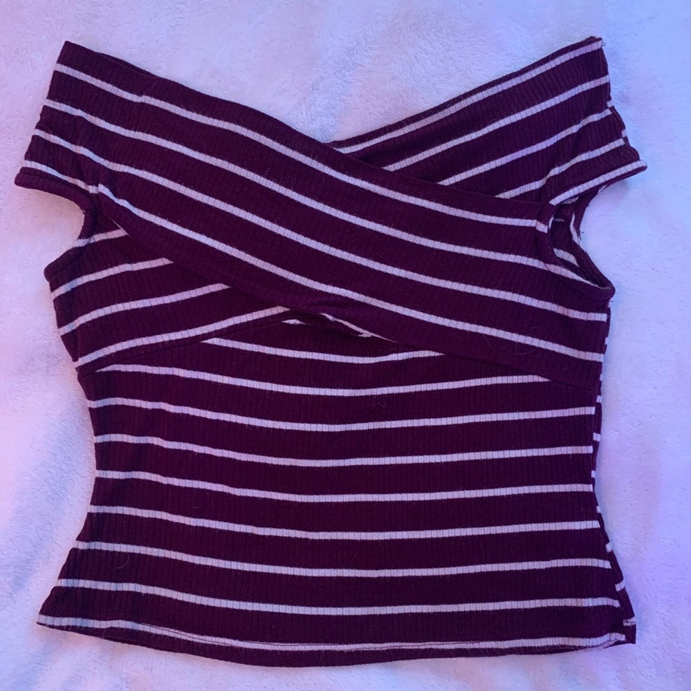 red and white off the shoulder top.